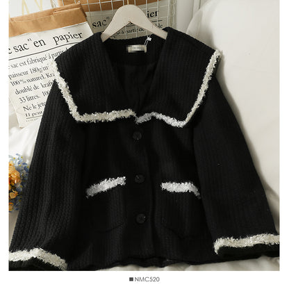 Hong Kong style retro color matching woolen single breasted loose coat for women  2109