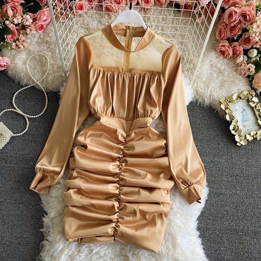 Gauze stitching thin pleated high cold imperial sister wind wrapped hip dress  3158