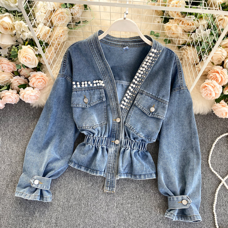 Jeansjacke Damendesign Sense Heavy Industry Nail Bead V-Ausschnitt Slim Fit 1489