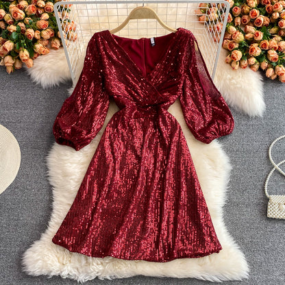 Celebrity light luxury Sequin short high-end V-neck dress  3068