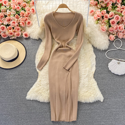 Tight elastic knitted skirt waist closing temperament split dress  2858
