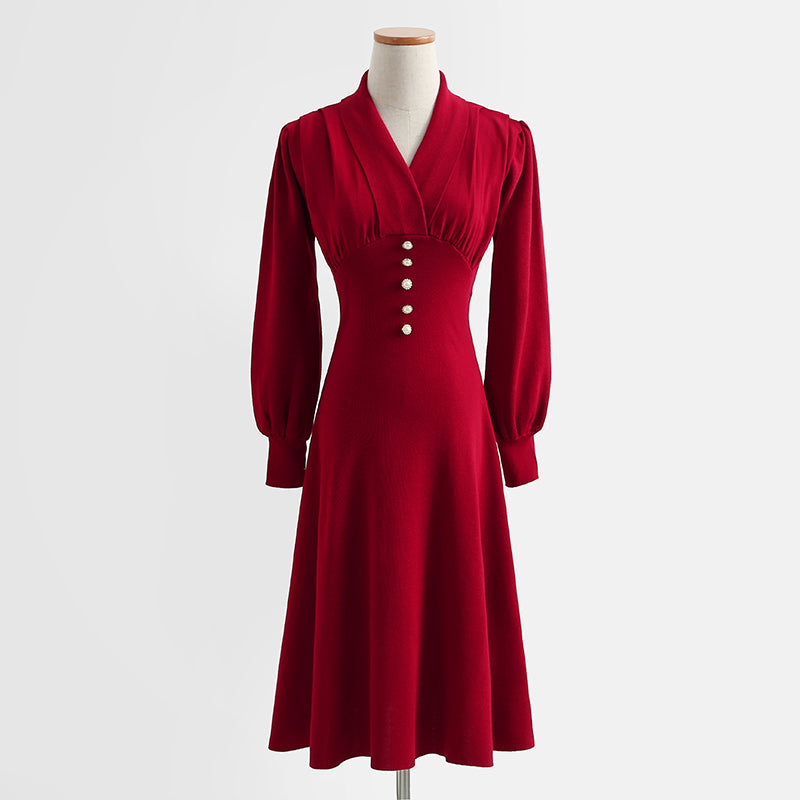 French retro noble and elegant temperament red knitted dress  2197