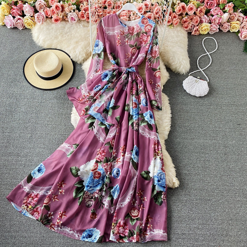 French elegant rose print Crew Neck Dress  3419