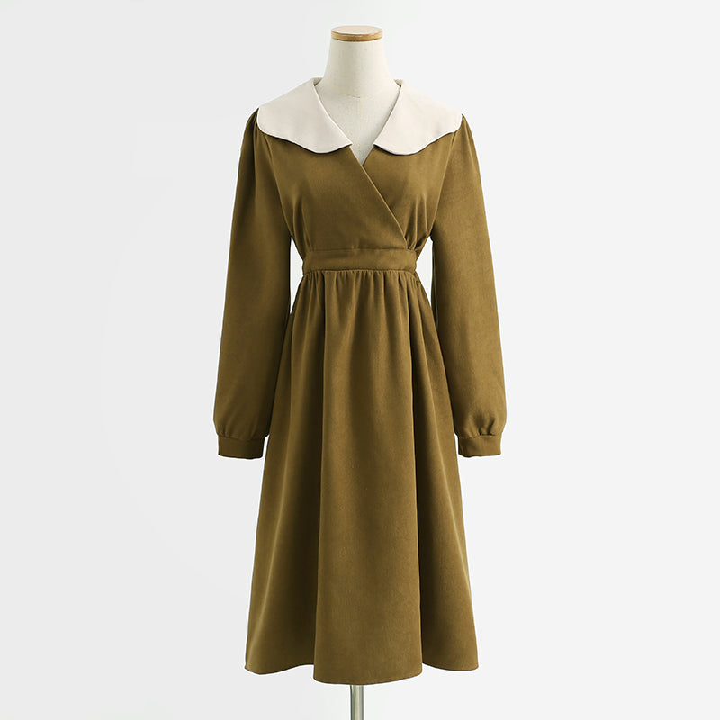 New French dress Hepburn wind lamp corduroy bottomed skirt baby collar skirt  2239