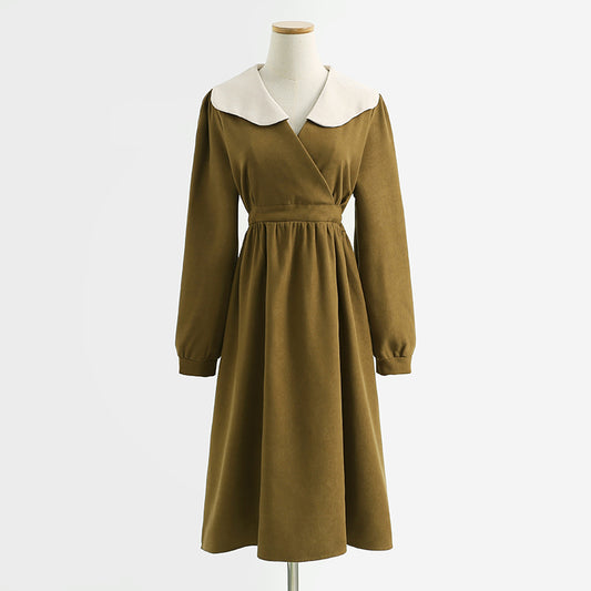 New French dress Hepburn wind lamp corduroy bottomed skirt baby collar skirt  2239