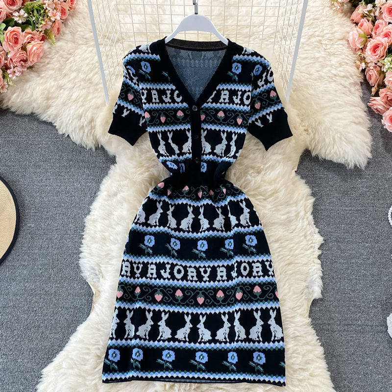 Cartoon rabbit letter jacquard V-neck slim dress  3196
