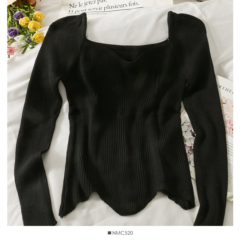 Irregular tight long sleeved foreign style sweater, women's straight shoulder exposed collarbone, versatile  1938