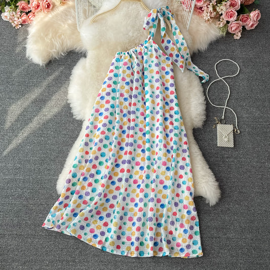 Colorful wave dot loose suspender dress  2819