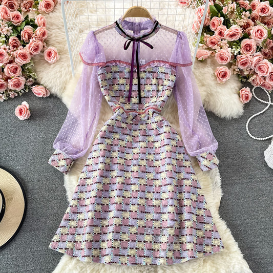 Collar ribbon Plaid embroidery lace dress  2912