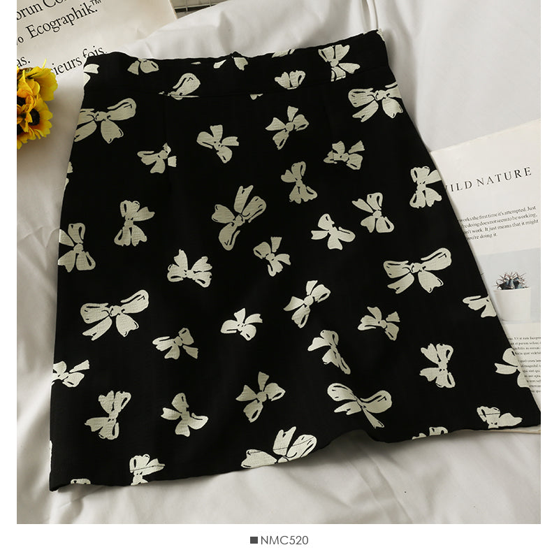 Hong Kong style retro bow printed high waist anti light A-line skirt  2621