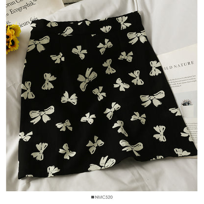 Hong Kong style retro bow printed high waist anti light A-line skirt  2621