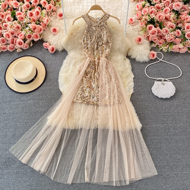 Sexy mesh patchwork neck off shoulder Sequin dress  2908