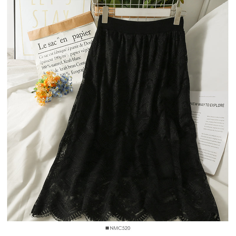 Hong Kong style retro elastic waist thin medium length skirt  2649