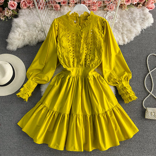 Vintage Lace lace up fungus edge Lantern Sleeve Dress  3180