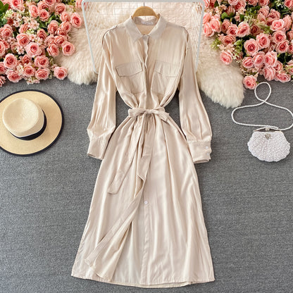 Loose and slim medium length single breasted Lapel dress  3245