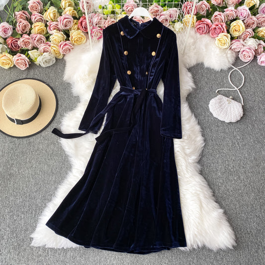 Doll Lapel gold button slim dress big swing velvet dress  3144