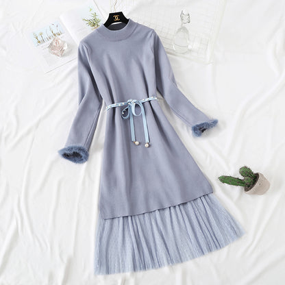 Long skirt over knee sweater knitted dress fashion suit  2472