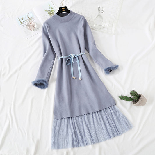 Long skirt over knee sweater knitted dress fashion suit  2472