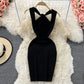 Hanging neck open back square neck knitted Hip Wrap Dress  2768