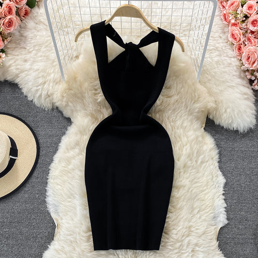 Hanging neck open back square neck knitted Hip Wrap Dress  2768