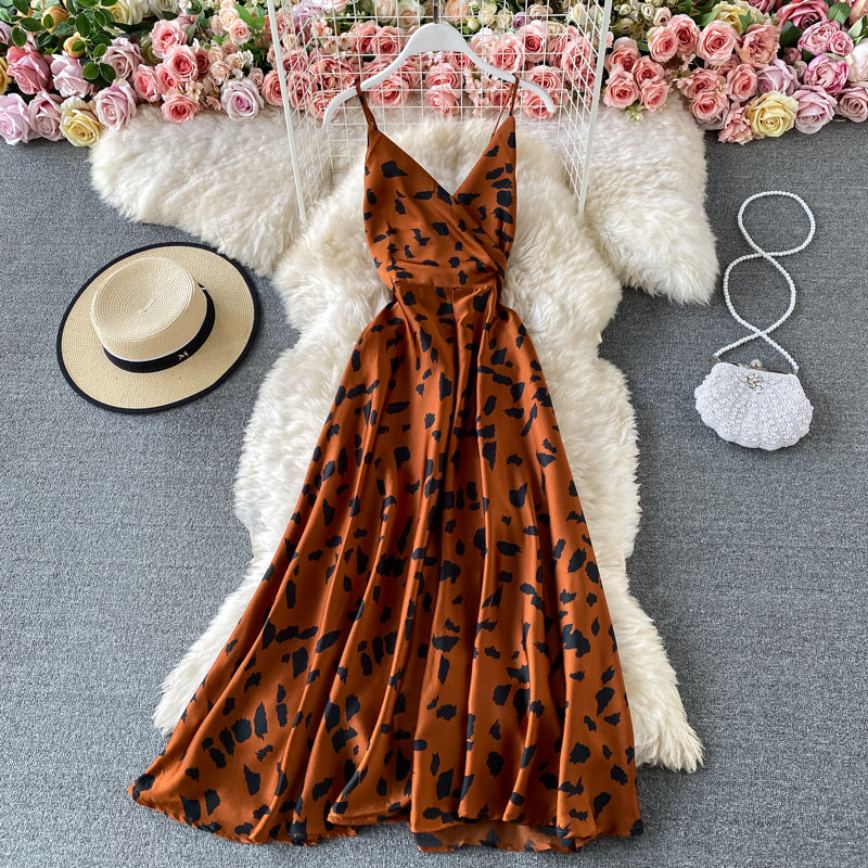 V-neck high waist slim suspender dress  3046