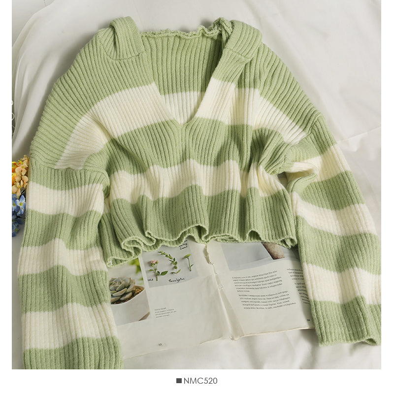 Korean stripe short loose thin hooded long sleeved sweater  1939