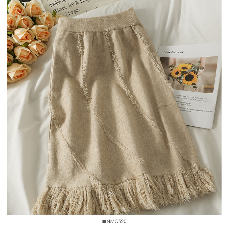 Seasonal tassel elastic waist thin knitted skirt  2602