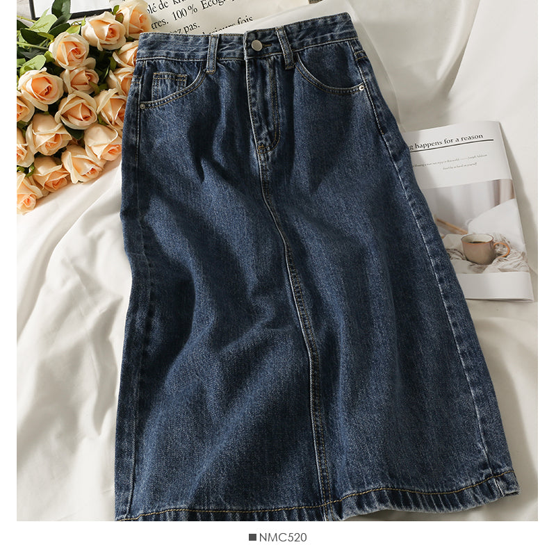 Han Fan simple and versatile solid medium length denim skirt  2534