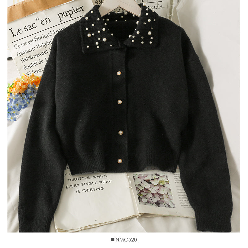 Beaded Lapel single breasted slim cardigan sweater  2034