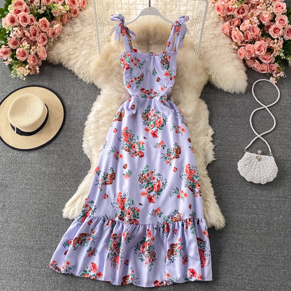 Geblümtes, mittellanges Rüschenkleid mit Fliege 3316