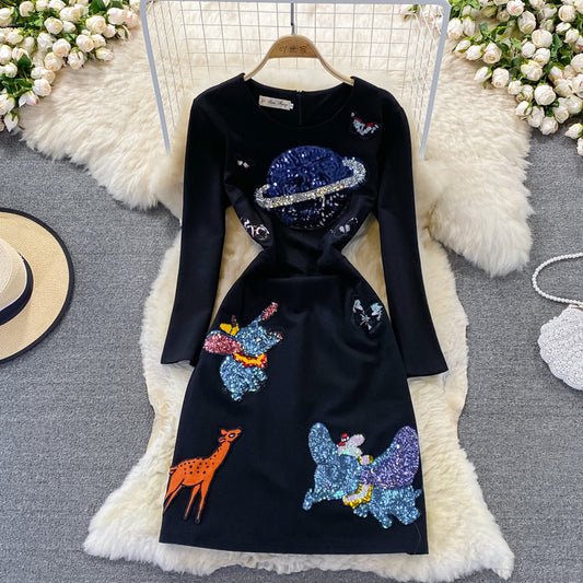 Heavy industry embroidery Sequin slim temperament round neck dress  3271