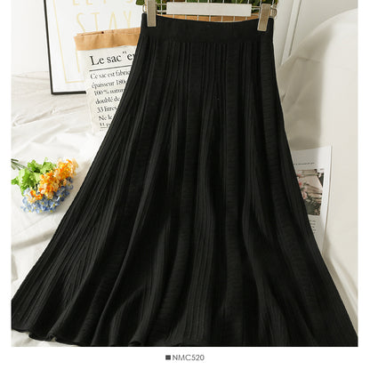Hong Kong style retro vertical stripe elastic waist thin solid A-line skirt  2625