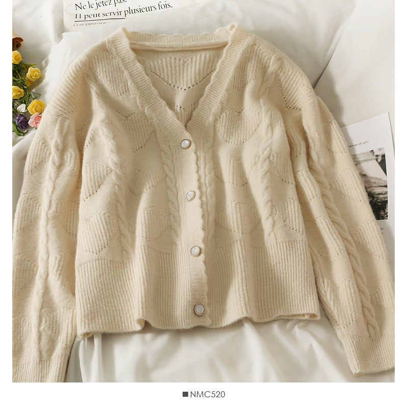 Sweater women's new wave edge V-neck single breasted cardigan  1873