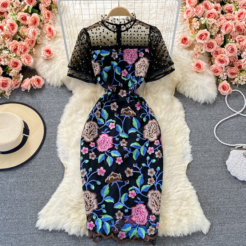 Mesh stitching heavy industry embroidery Hip Wrap Dress  3072