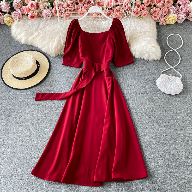 French square neck bubble sleeve lace up waist slim backless dress  3170