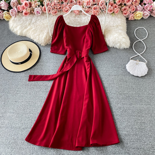 French square neck bubble sleeve lace up waist slim backless dress  3170