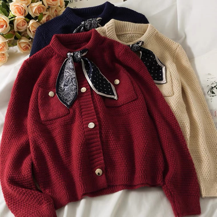 Haut cardigan vintage en tricot ample à simple boutonnage et à manches longues avec nœud papillon 1448
