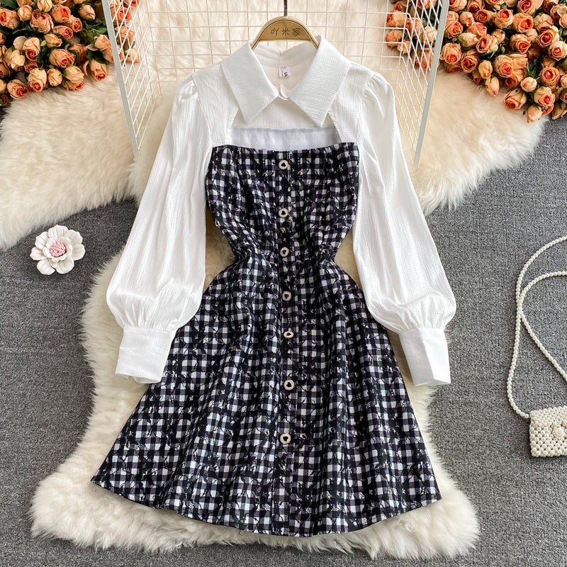 New design shirt collar patchwork chest cutout dress  3119