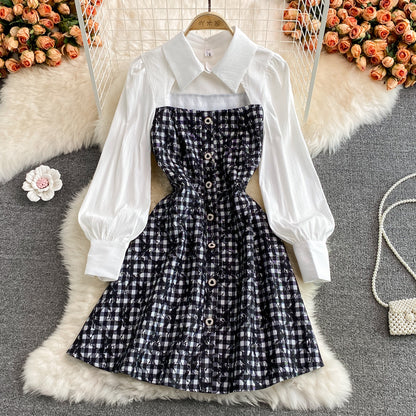 New design shirt collar patchwork chest cutout dress  3119
