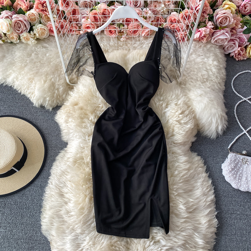 Sexy, rückenfreies, plissiertes, schmales Wickel-Hüftrock-Mode-Split-Kleid 3284