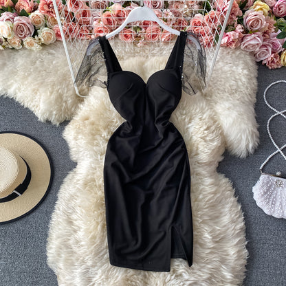 Sexy, rückenfreies, plissiertes, schmales Wickel-Hüftrock-Mode-Split-Kleid 3284