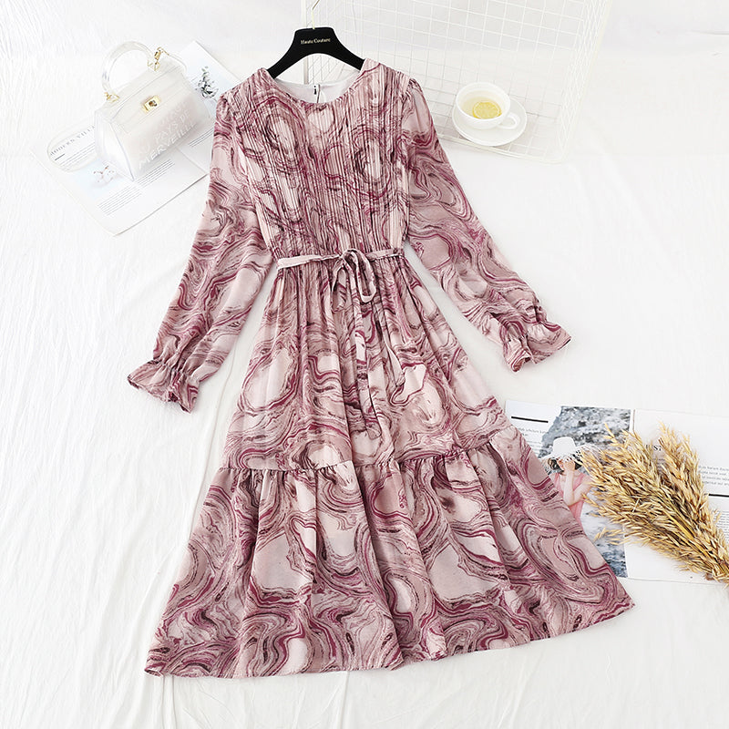 French retro interior with bottom over knee Chiffon loose pleated long skirt  2386