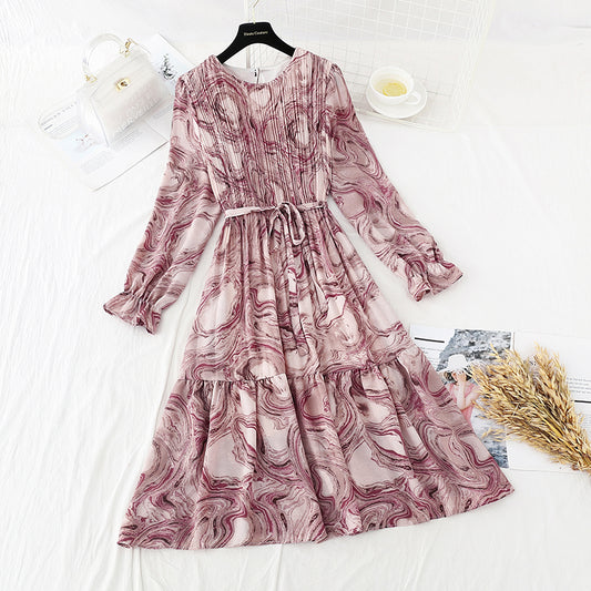 French retro interior with bottom over knee Chiffon loose pleated long skirt  2386