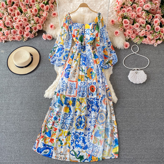 Bubble sleeve blue and white porcelain printed split long skirt  3349