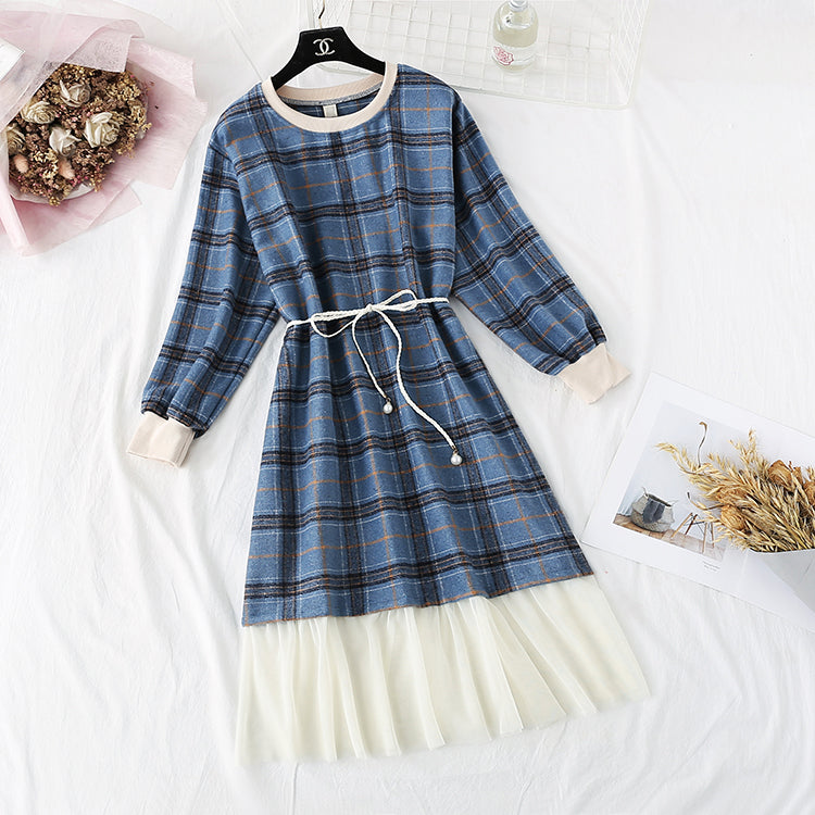 New French Vintage Plaid long sleeve waist closing slim skirt  2293
