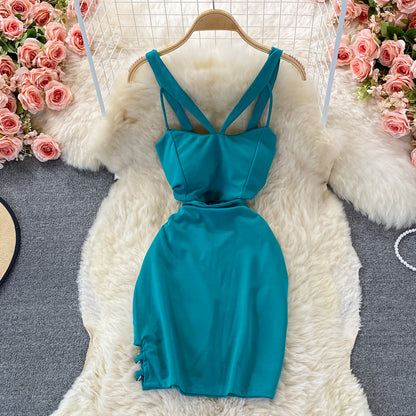 Hanging neck, open shoulder, cross tight, hollow out, waist and hip dress  2825