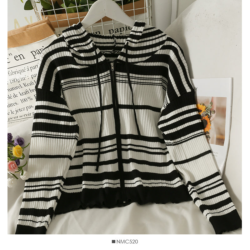 Korean drawstring hooded striped zipper cardigan thin sweater women 2015