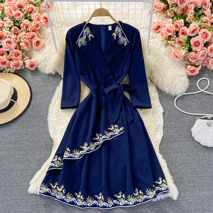 Temperament V-neck lace up skirt Ruffle embroidered dress  3250