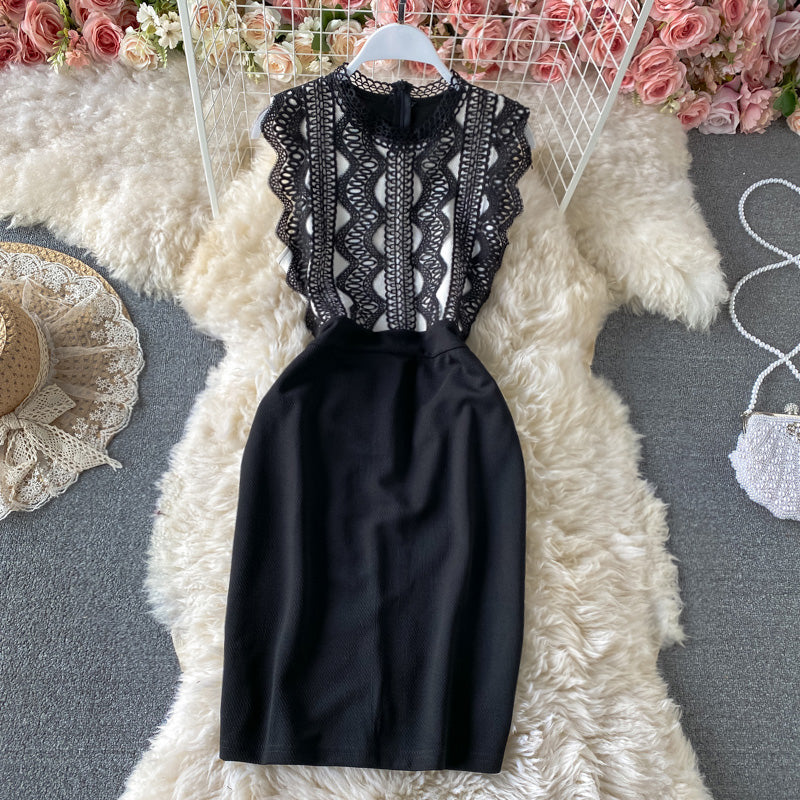 Lace Panel contrast slim wrap hip dress  2892