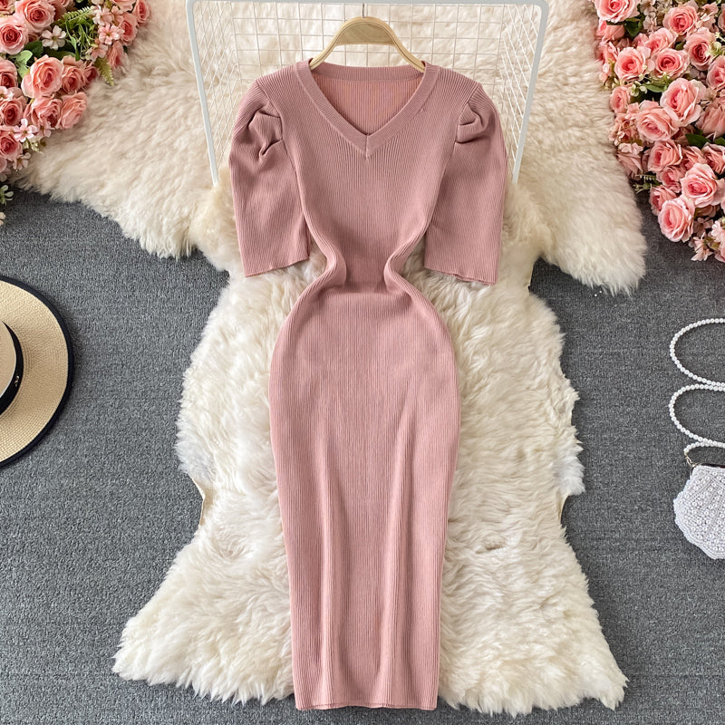 Temperament bubble sleeve slim V-neck wrap hip dress  2895